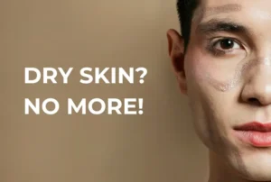 A close-up image of a man's face showing dry skin, with rough texture and flaky areas