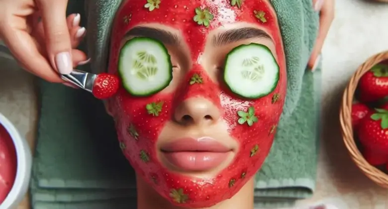 Woman with strawberry face mask on her face for skincare benefits