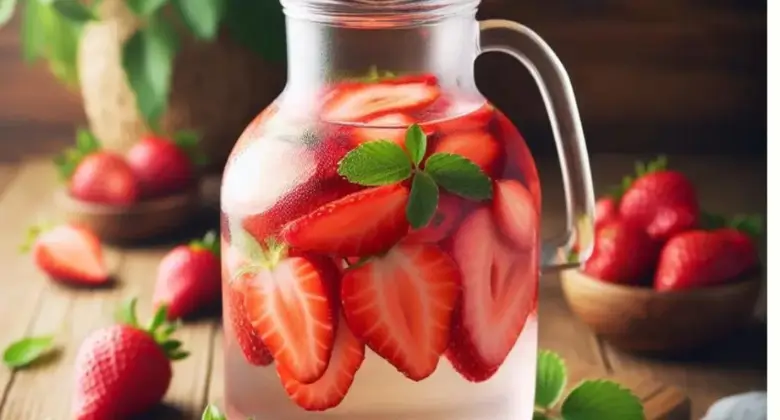 Jug filled with water and ripe strawberries, showcasing the skincare benefits of strawberry-infused water