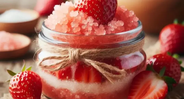 Glass jar filled with homemade strawberry sugar scrub for exfoliating skin