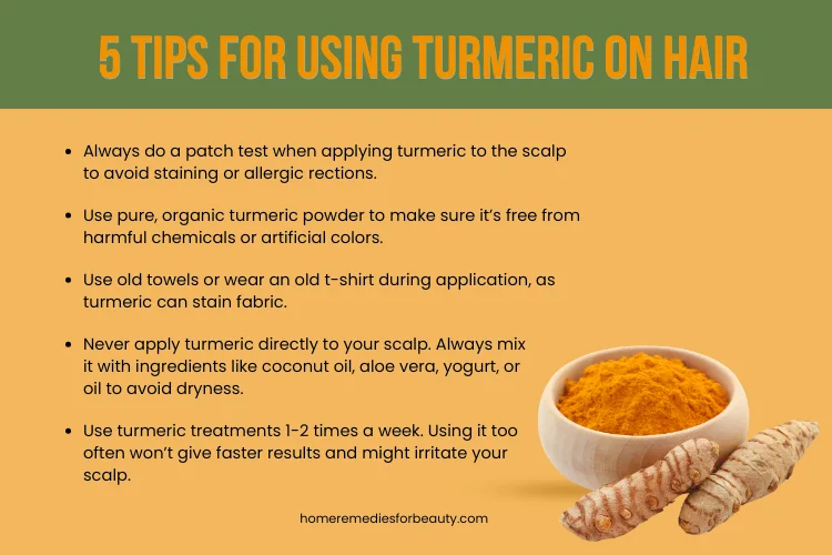 Infographic showing tips for using turmeric on hair safely and effectively
